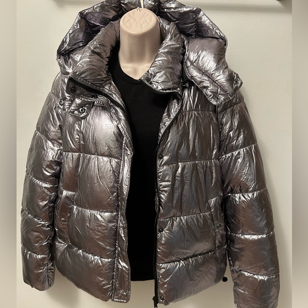Metallic Puffer Jacket Silver Chrome Hooded Women’s